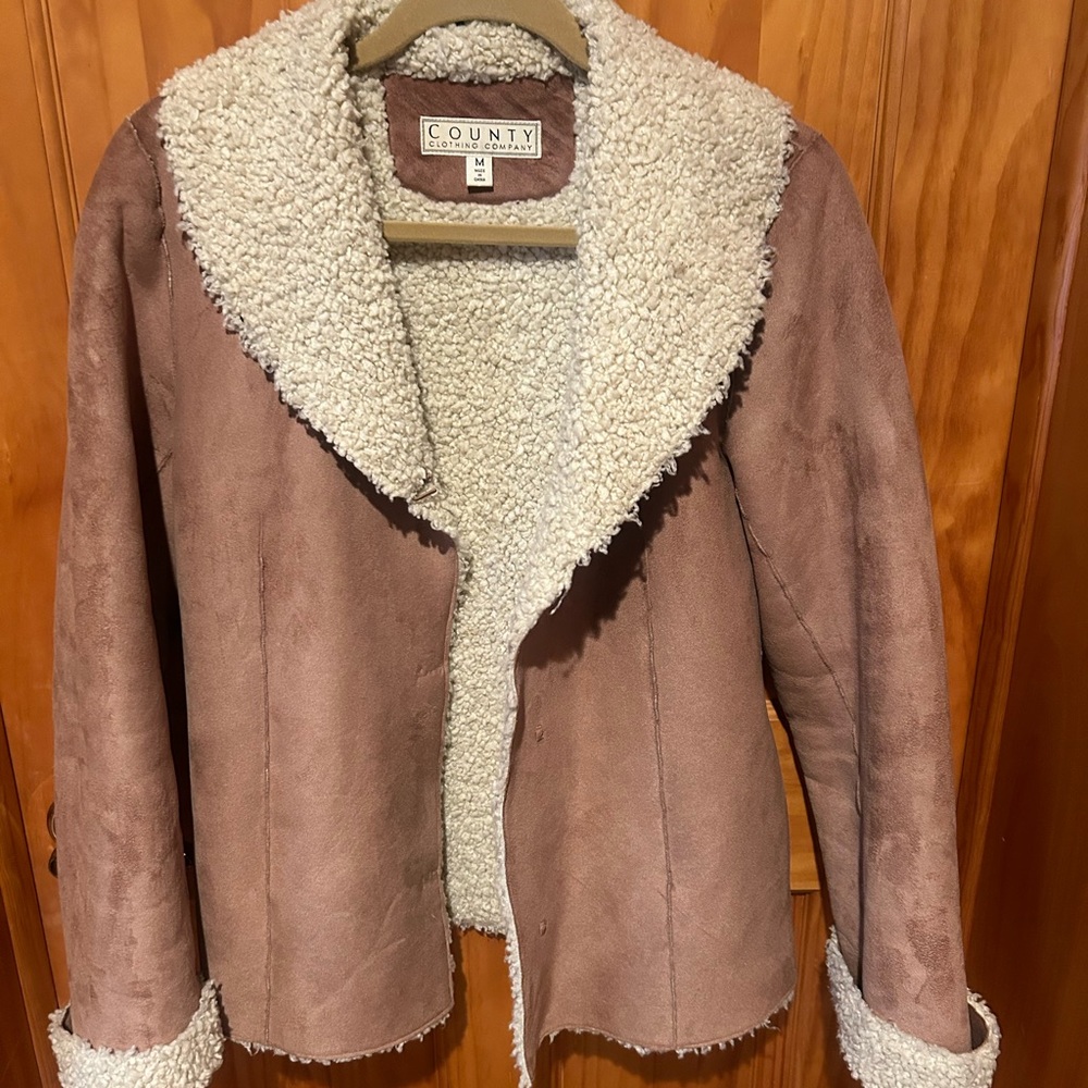 COUNTY light tan suede mid length jacket with shearling lining